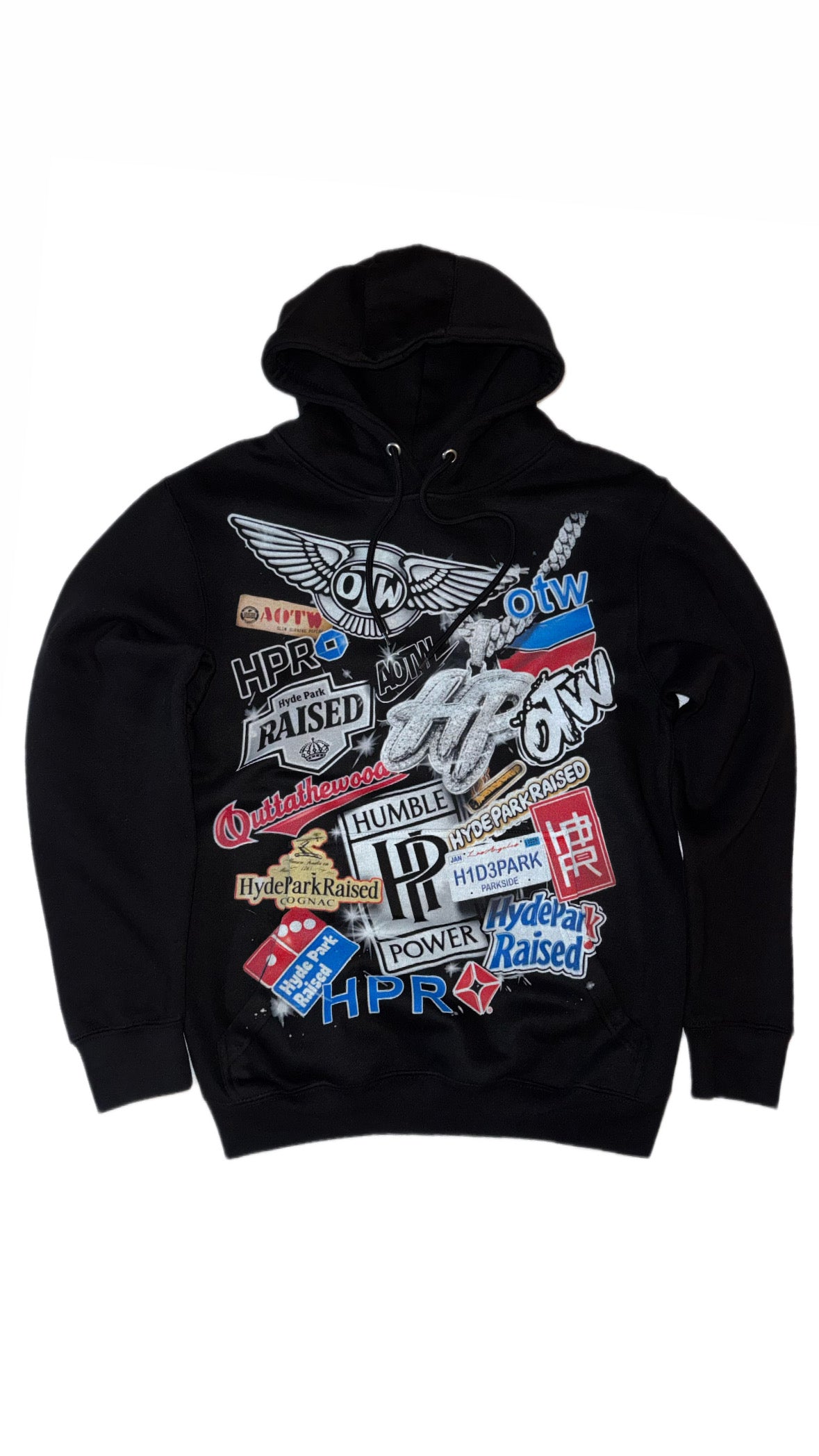 HYDEPARKRAISED X ARTISTOUTTATHAWOODS COLLAB STICKERBOMB HOODIE